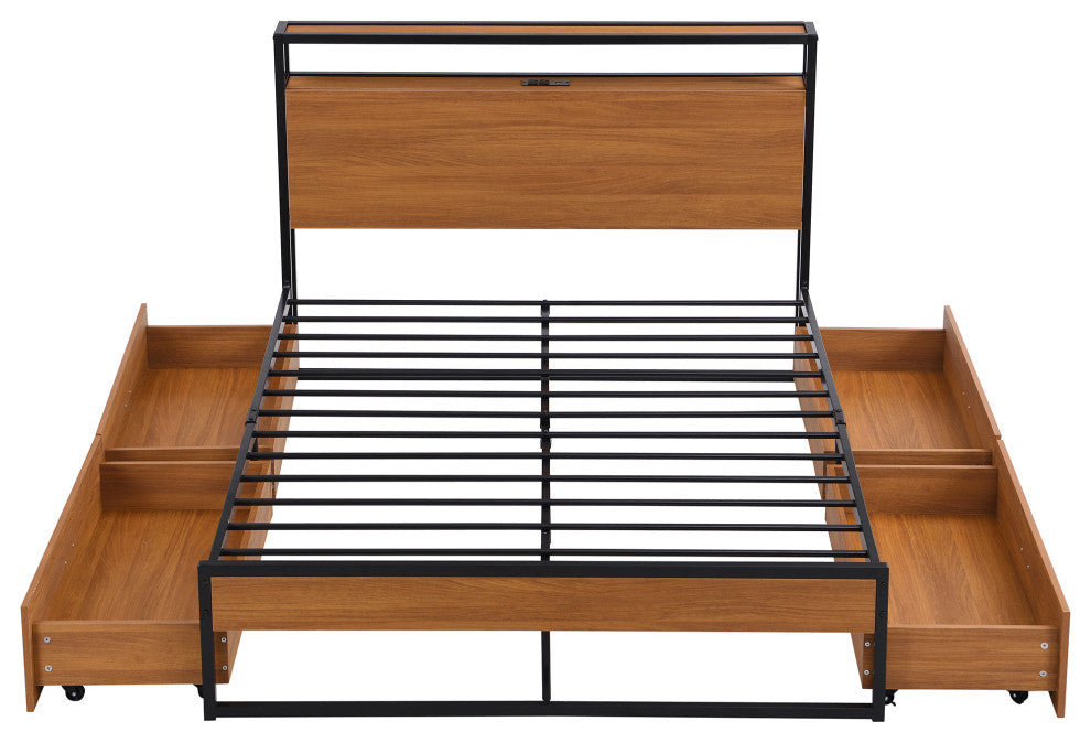 Full/Queen Metal Frame Wood Platform Bed with Four Drawers, Sockets and USB Port