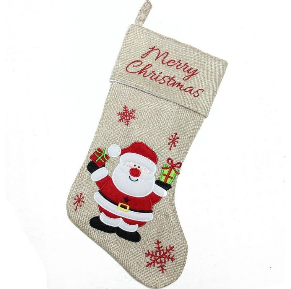16" Burlap "Merry Christmas" Santa Claus Embroidered Christmas Stocking