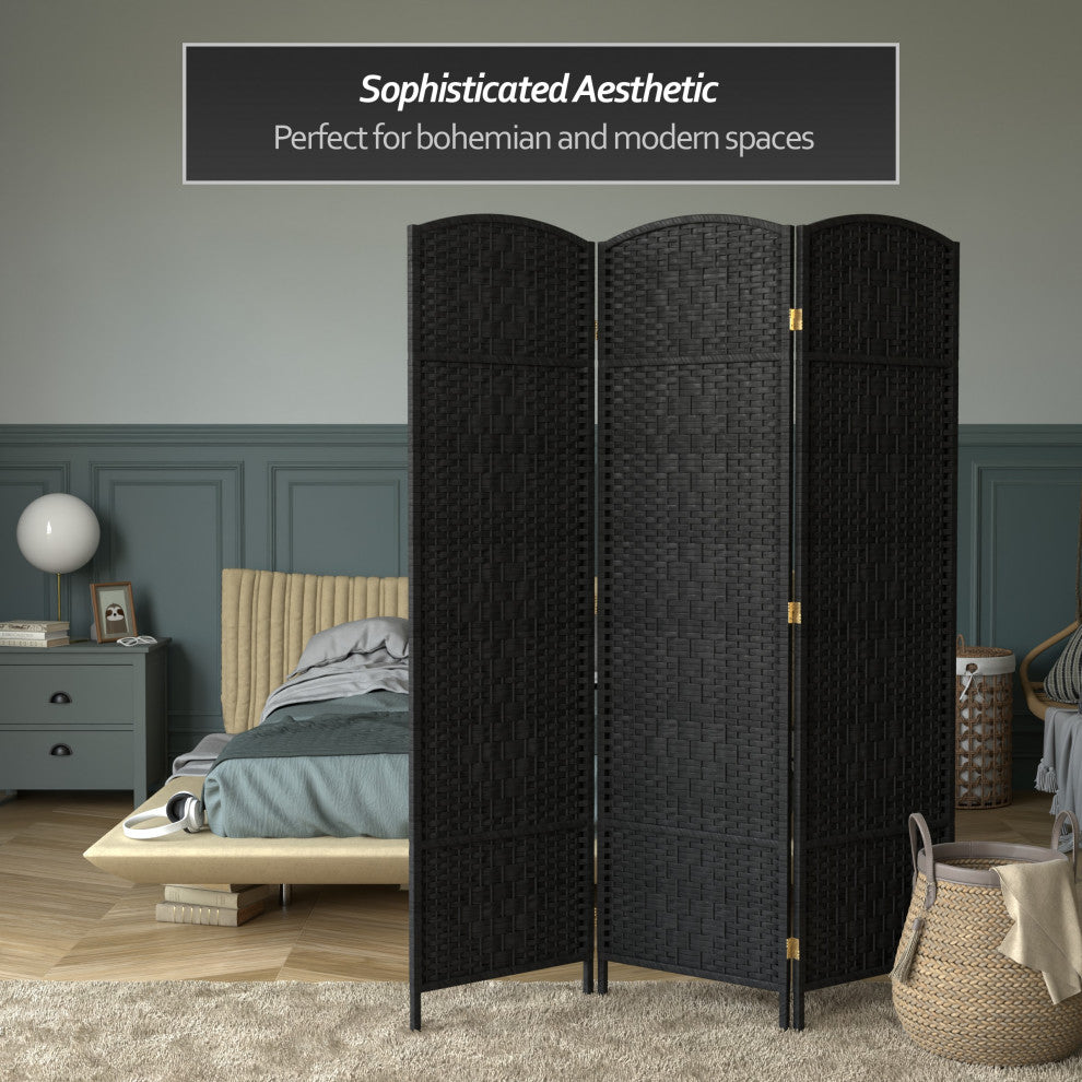 6'' Tall Diamond Weave Fiber Room Divider, Black, 3 Panel