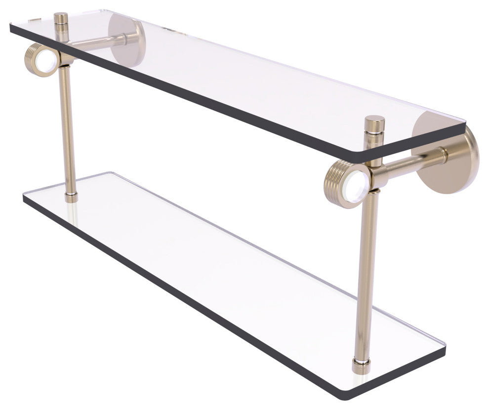 Clearview 22" Two Tiered Glass Shelf with Groovy Accents, Antique Pewter