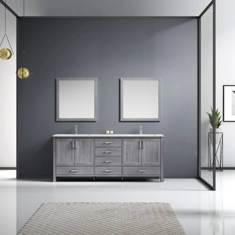 Jacques 80" Distressed Grey Double Sink Vanity with Quartz Top, With Mirror