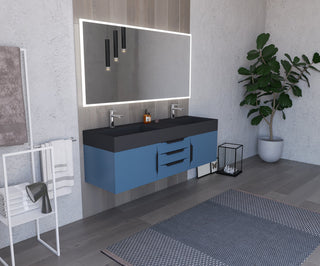 CastelloUSA Amazon 60" Wall Mounted Bathroom Vanity Set, Blue, Black Top, Black Handles