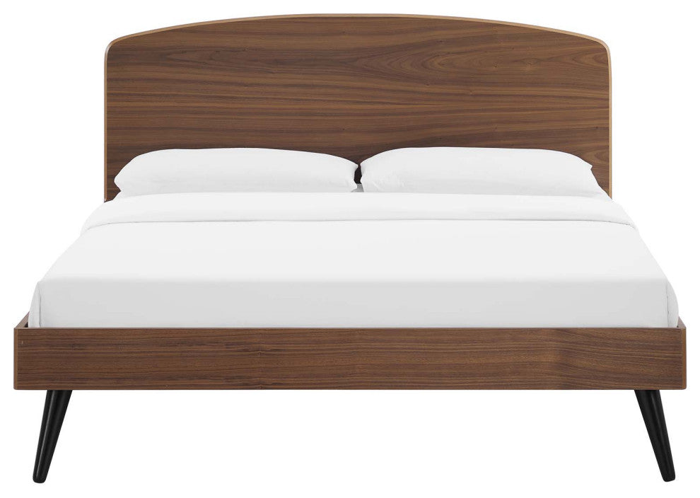 Platform Bed Frame, King Size, Wood, Brown Walnut, Modern Mid-Century, Bedroom
