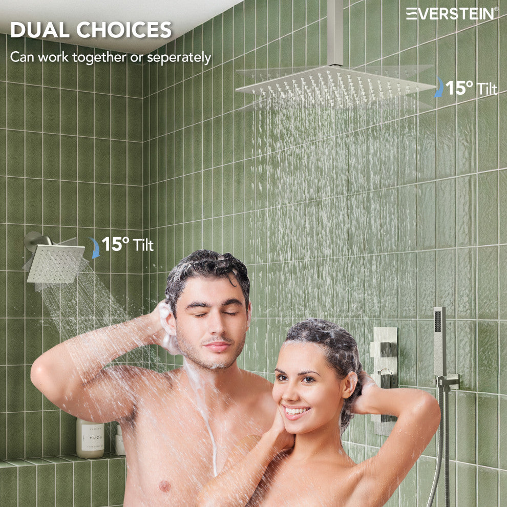 12" and 6" Dual Shower Heads With Themostatic Rough in-Valve, Brushed Nickel