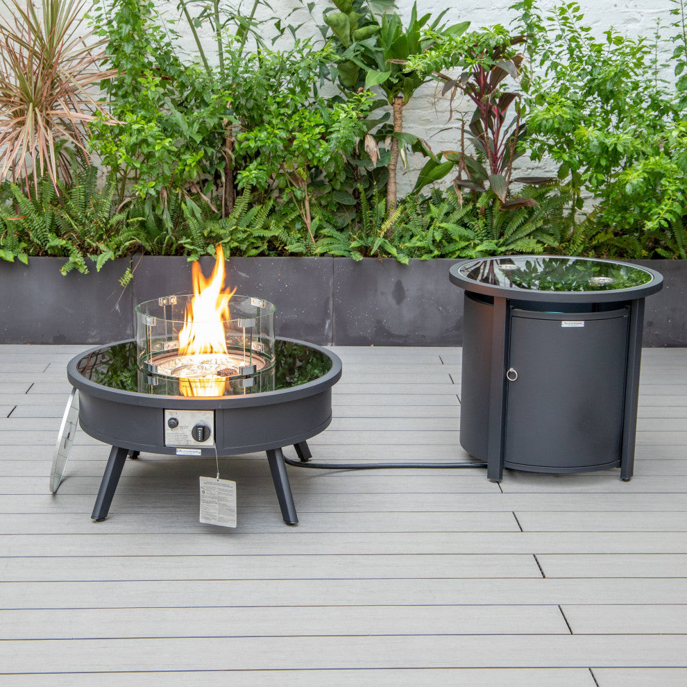 LeisureMod Walbrooke Round Fire Pit Table and Tank Holder, Black