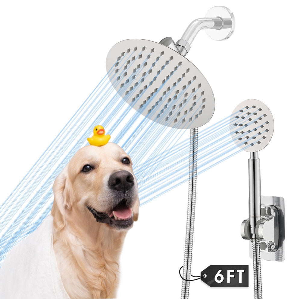 Full Metal Round Hand Shower, High Pressure 8'' Stainless Steel Rain Shower Set, Chrome