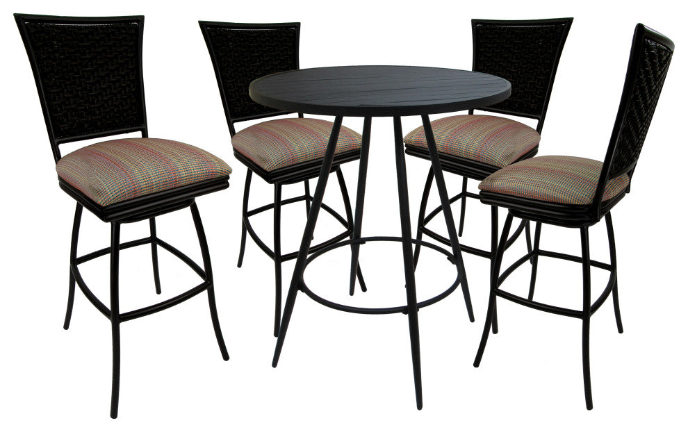 Outdoor Patio Bar Pub Set - 30" Erin Stools - Black Frame, Multi Sun Stripe - Black, 30"