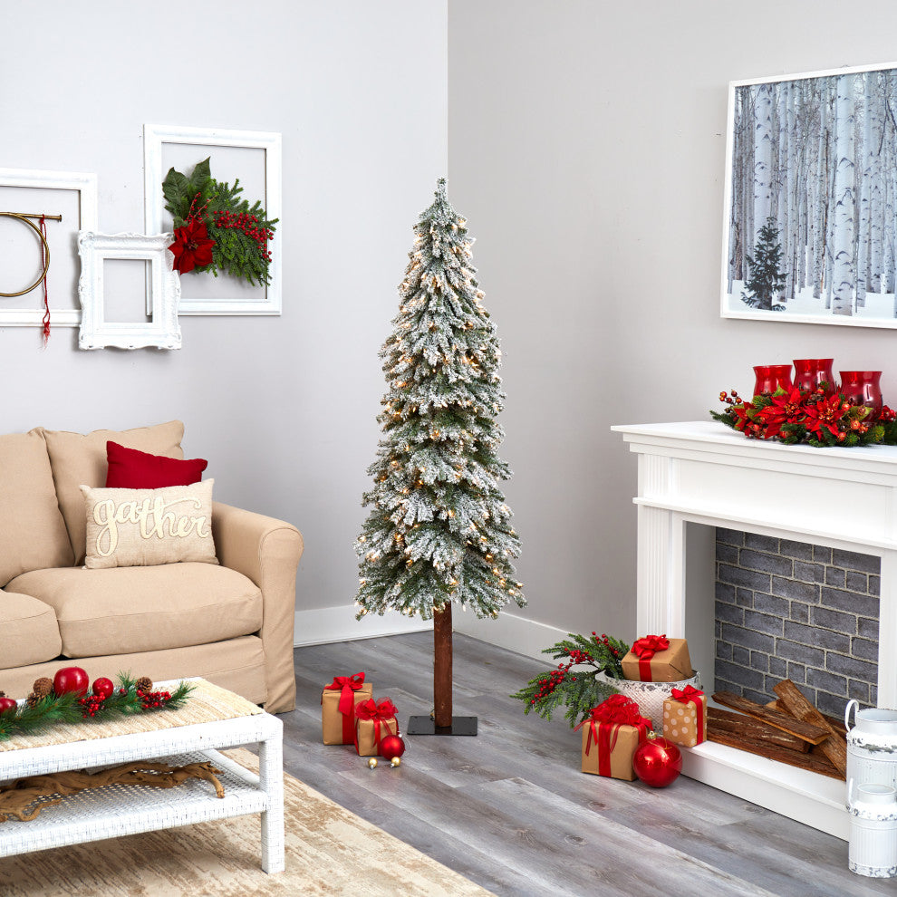 6' Flocked Grand Alpine Faux Xmas Tree W/Lights & Natural Trunk