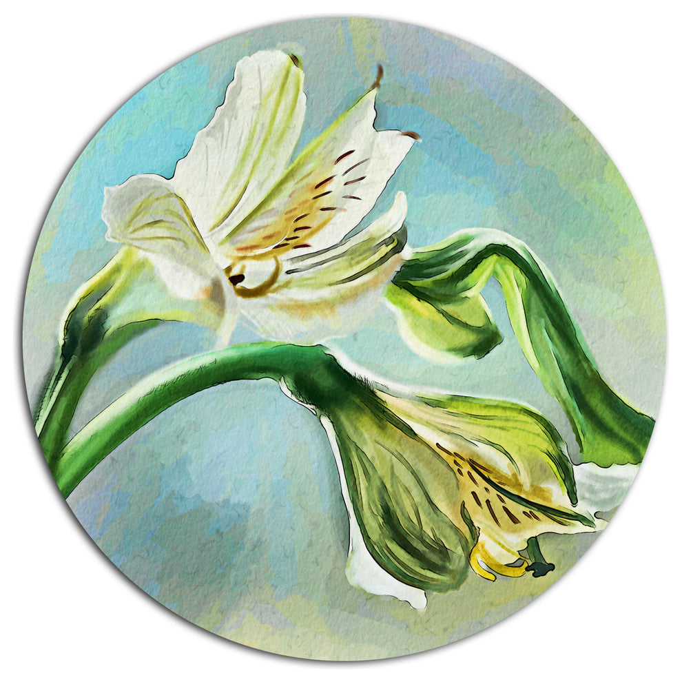 White Lily Flower Sketch Watercolor, Floral Disc Metal Wall Art, 36"