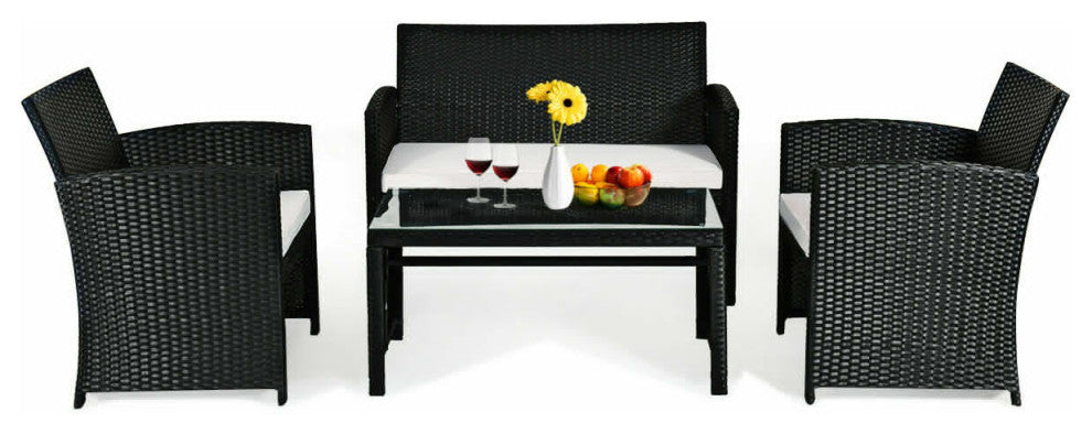 Costway 4 Pc Rattan Patio Furniture Set Garden Lawn Sofa Wicker Cushioned Seat