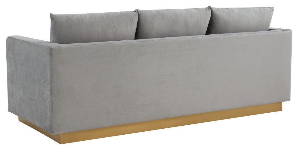 LeisureMod Nervo Modern Velvet Sofa With Gold Base, Light Gray