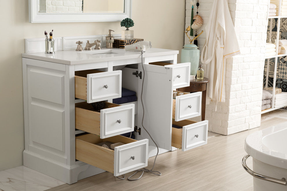 De Soto 48" Single Vanity, Bright White,  Eternal Jasmine Pearl Quartz Top