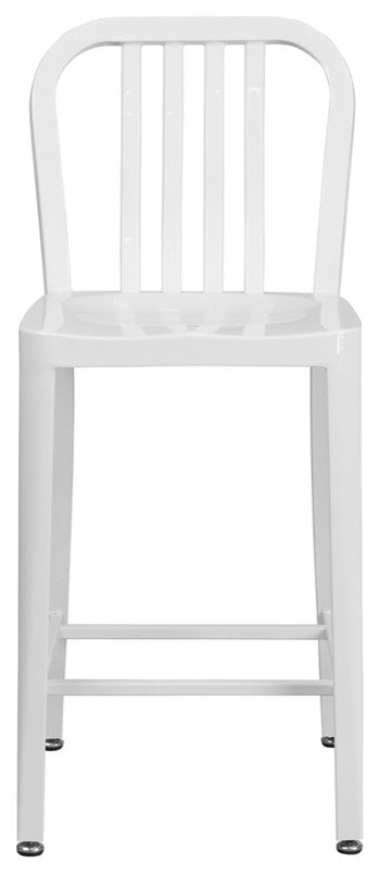 24" High White Metal Indoor-Outdoor Counter Stool With Vertical Slat Back
