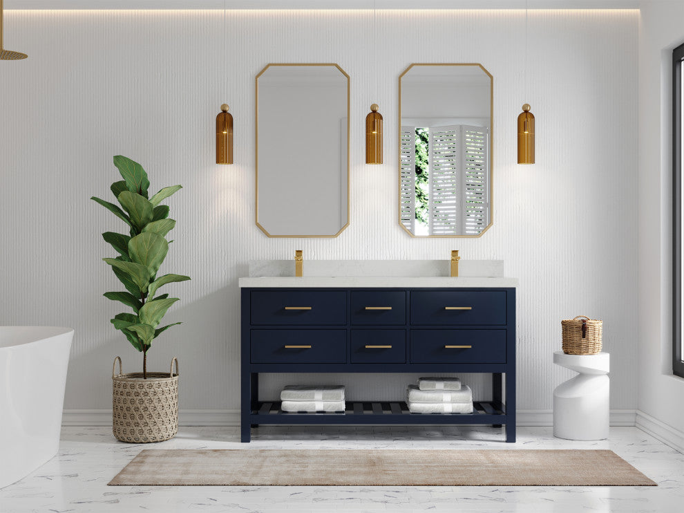 Parker 60 Double Sink Bathroom Vanity in Navy Blue  2" Carrara Quartz