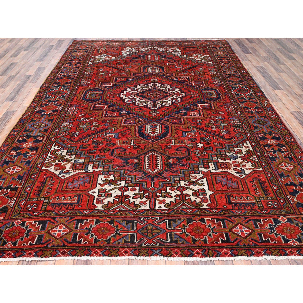 Raspberry Red Worn Wool Hand Knotted Semi Antique Persian Heriz Rug 7'9"x11'