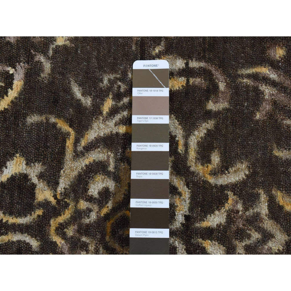 Brown Hand Knotted Damask Tone on Tone Wool and Silk Runner Rug 2'x9'10"
