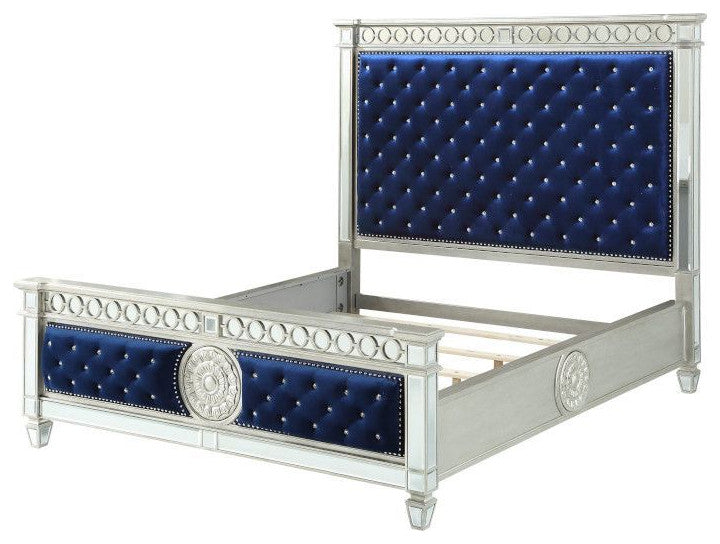 ACME Varian Queen Bed, Blue Velvet and Mirrored
