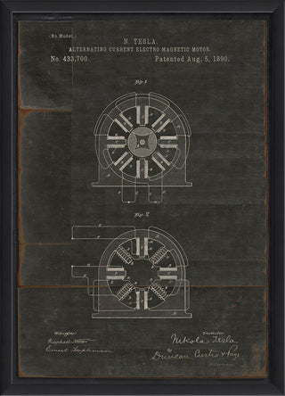 Tesla Electro Magnetic Motor Patent on Black Framed Print, Large