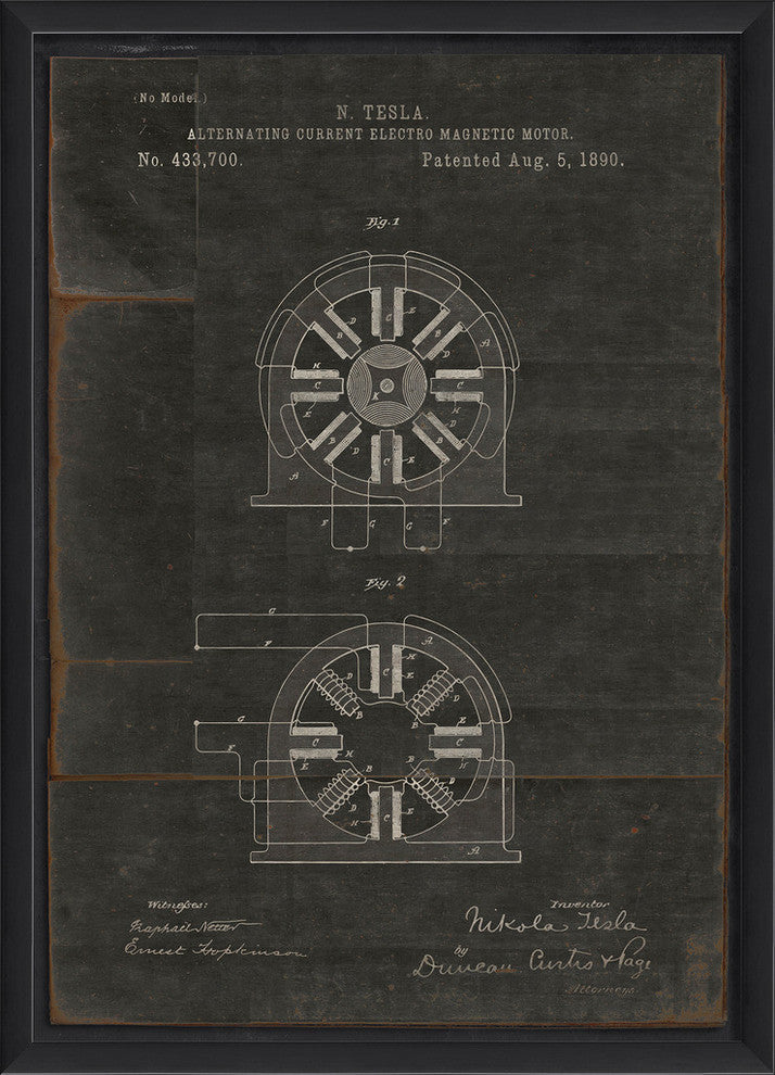 Tesla Electro Magnetic Motor Patent on Black Framed Print, Large