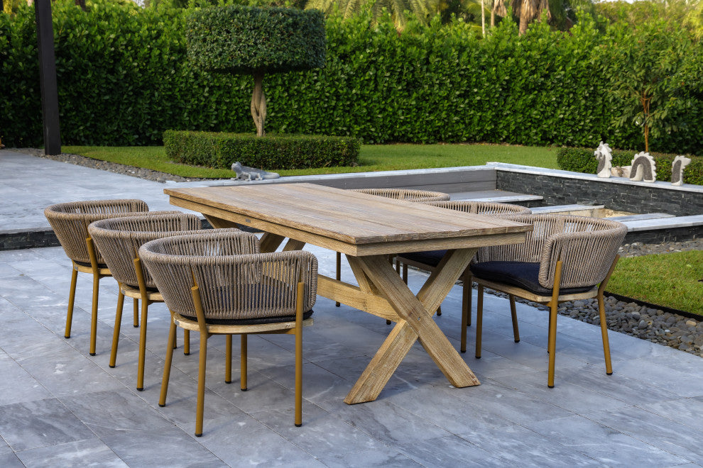 Santino + Melina 7-Piece Outdoor Dining Set, 6 Rope-Back Chairs, Milk/Coffee