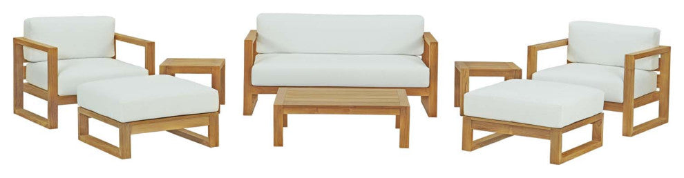 Sectional Sofa Chair Table Set, White Natural, Teak Wood, Modern, Outdoor Patio