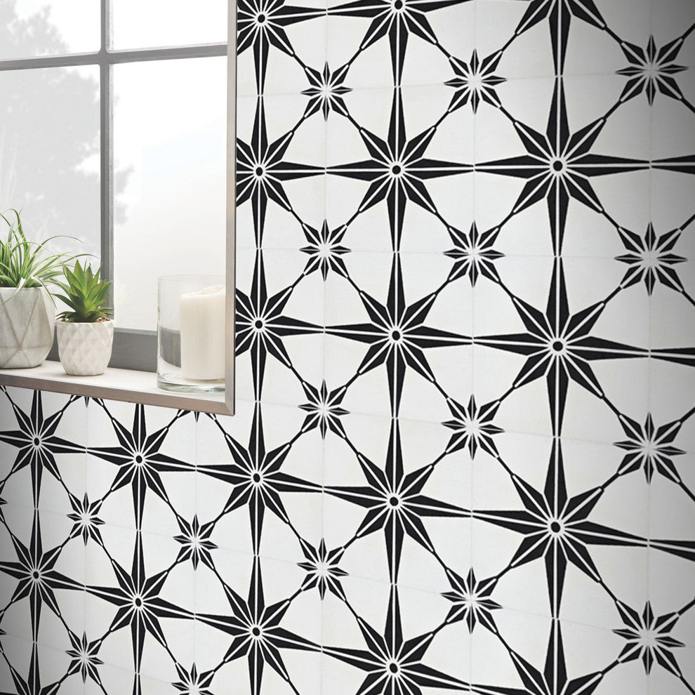 Tafilalt Handmade Cement Tile, White/Black, Sample