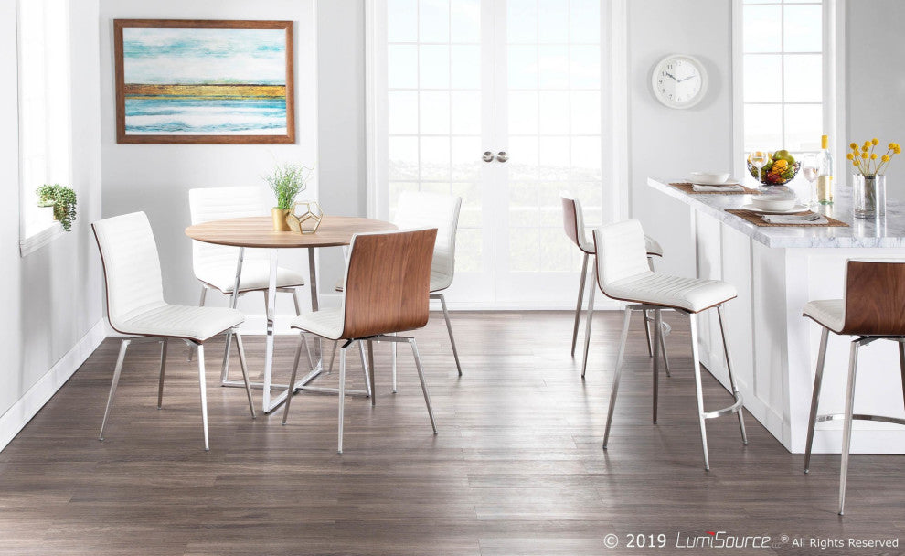 Mason Swivel Counter Stool, Set of 2, Stainless Steel/White PU/Walnut Wood