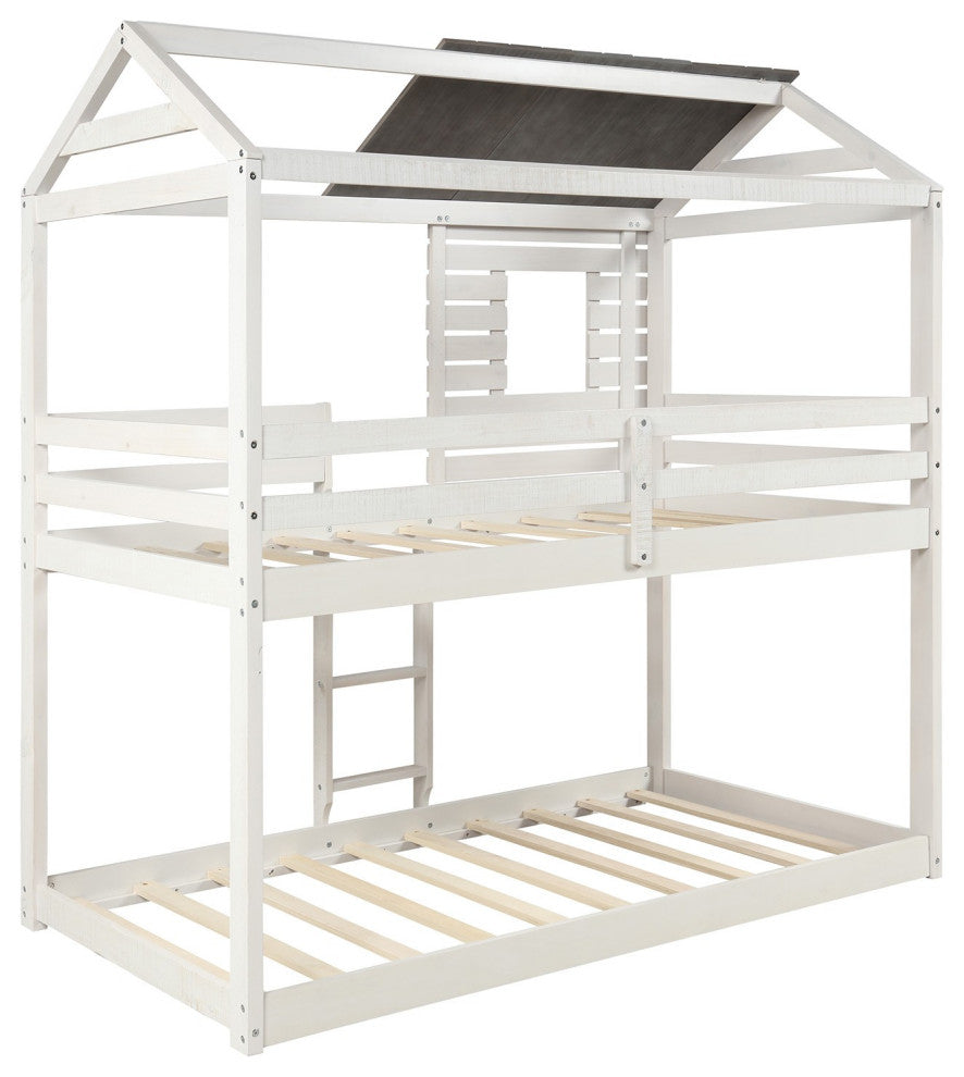 Antique White Twin Over Twin Bunk Bed With Roof