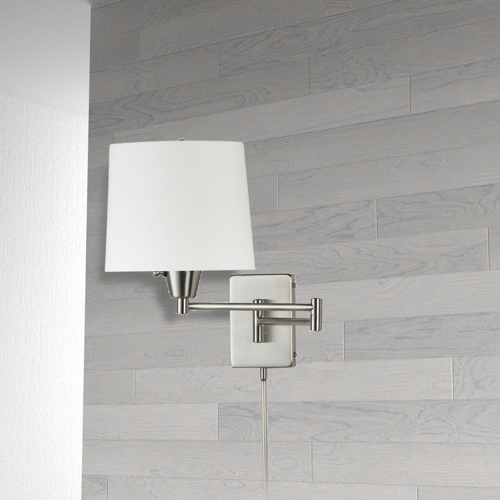 Swing Arm Wall Lamp, Satin Chrome, White Linen Shade 195F