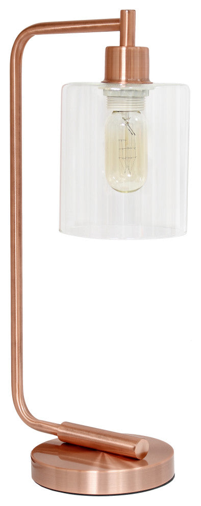 Bronson Industrial Iron Lantern Desk Lamp With Glass Shade, Rose Gold