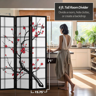 6' Tall Canvas Cherry Blossom Room Divider, Black, 3 Panels