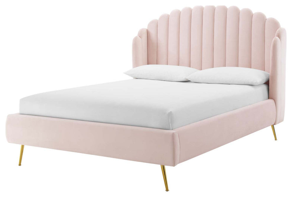 Platform Bed Frame, Queen Size, Velvet, Pink, Modern Contemporary, Bedroom