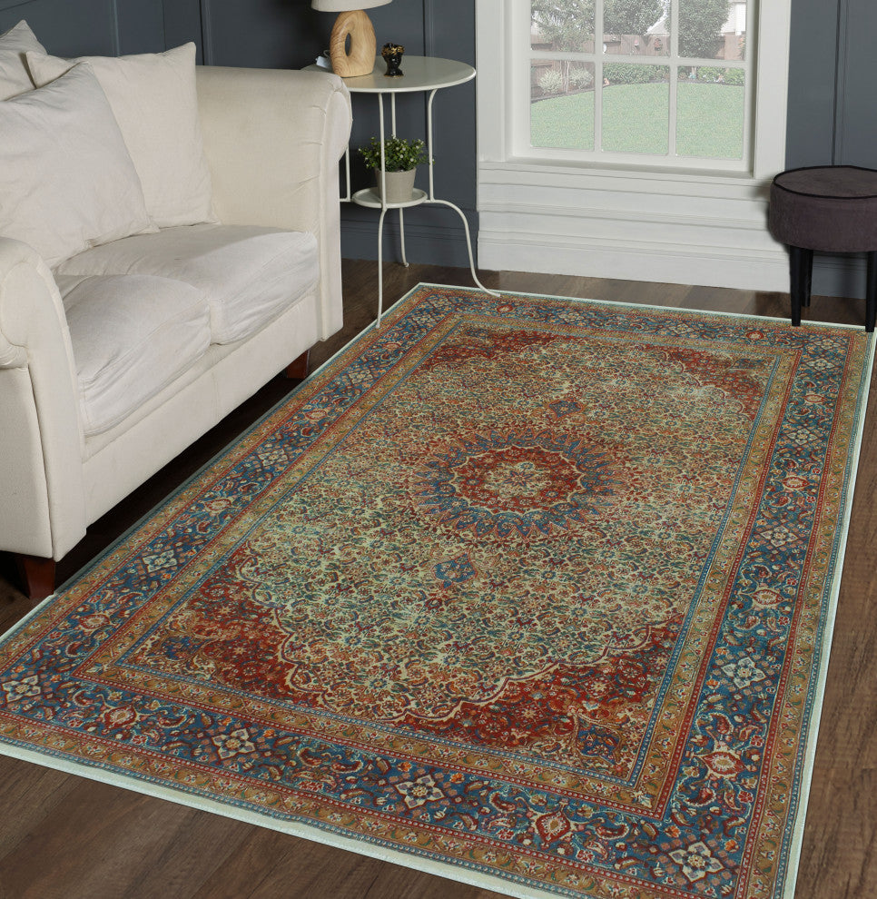 Fine Vintage Distressed Zavrina Ivory/Blue Rug, 6'7x9'10