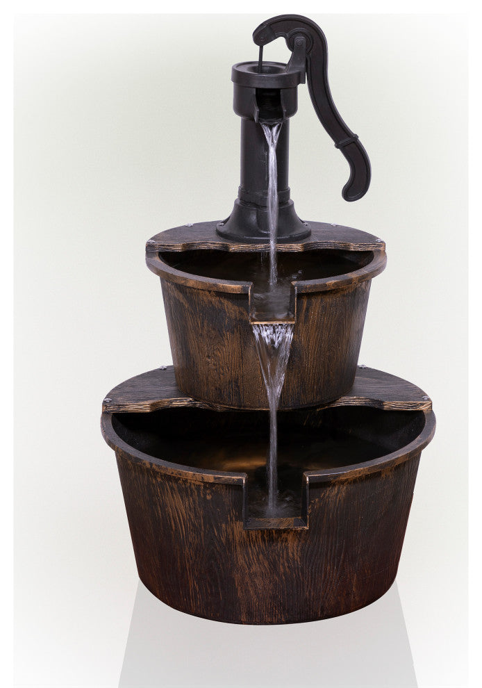 27" Tall 2-Tier Barrel and Pump Waterfall Fountain, Bronze Finish