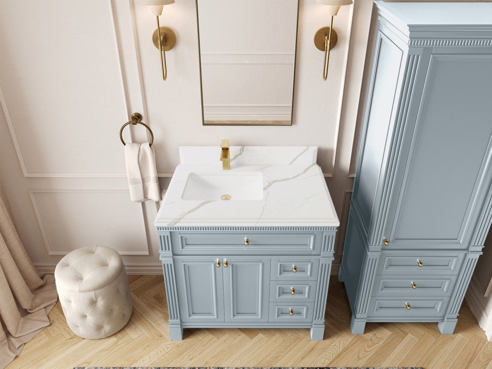 Paris 36" Left Offset Bathroom Vanity, Blue Heather 1.5" Calacatta Laza