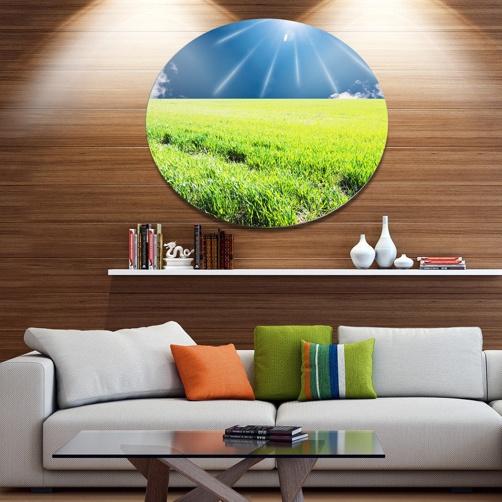 Sunny Field With Green Grassland, Landscape Round Wall Art, 11"