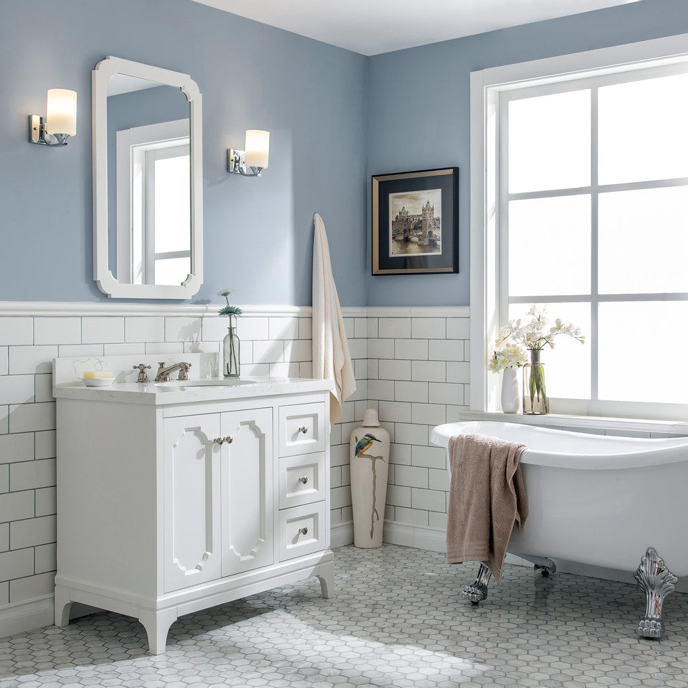 36" Wide Pure White Single Sink Quartz Carrara Bathroom Vanity