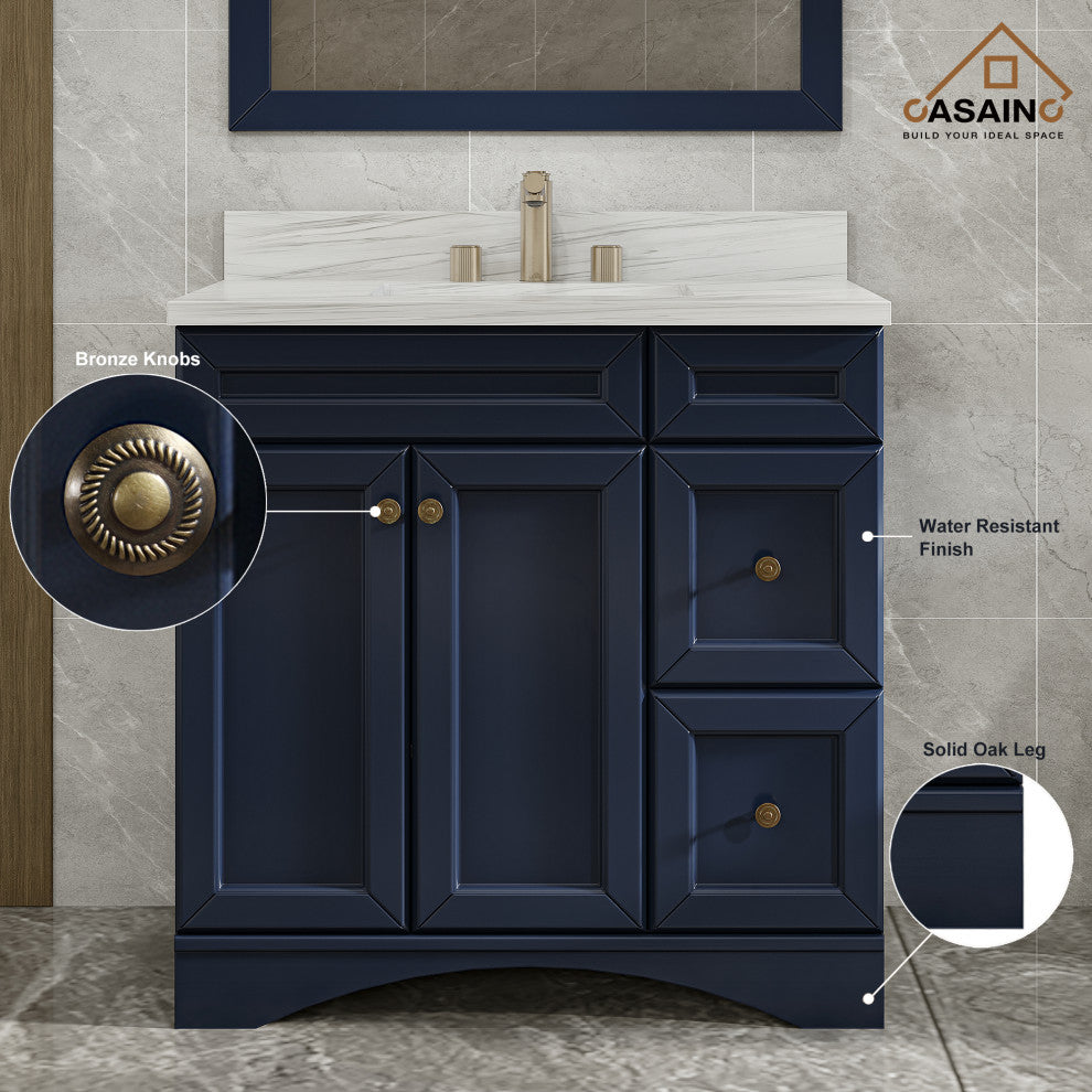Single Sink Bath Vanity in Navy Blue with White Marble Top and Basin, 36in