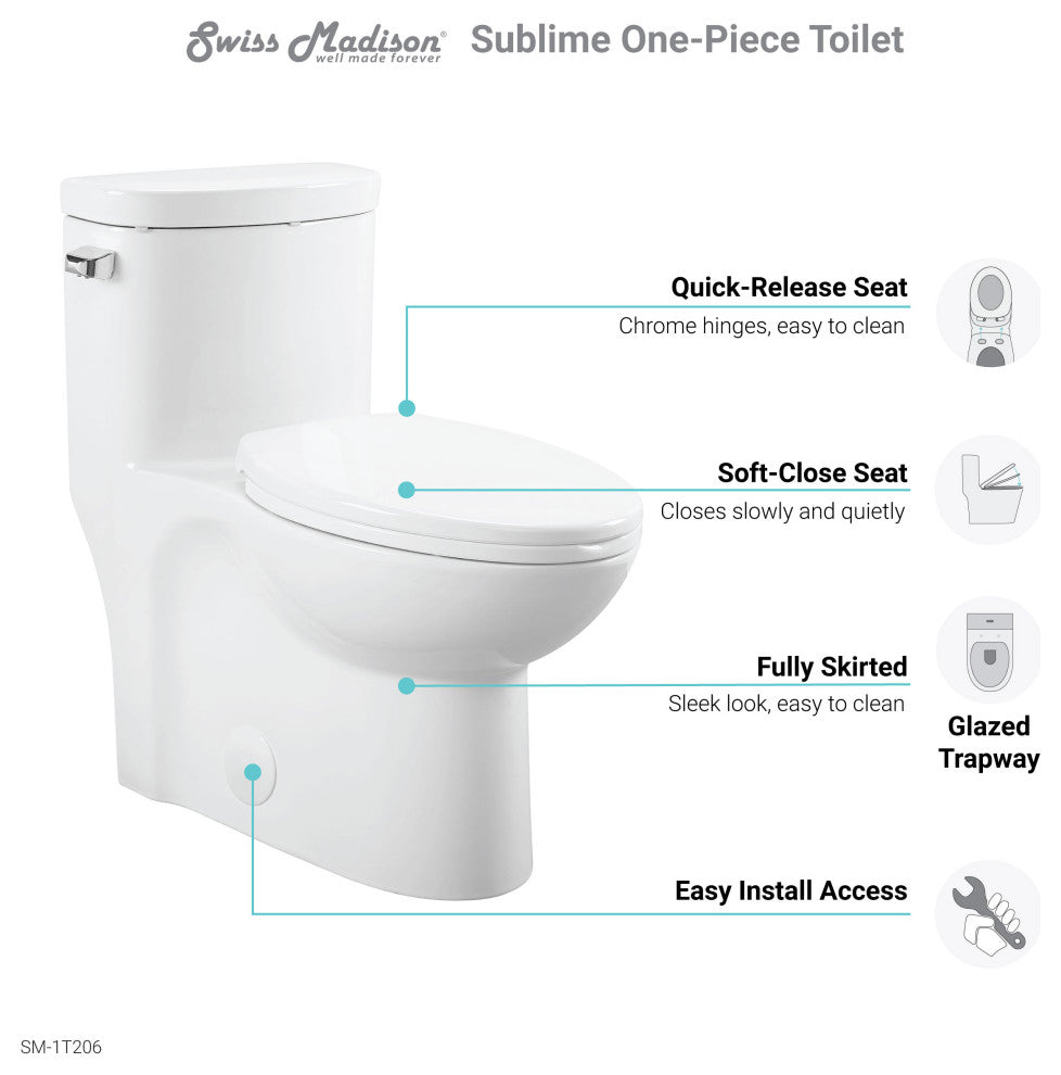 Sublime One Piece Elongated Toilet, Glossy White, Single Flush