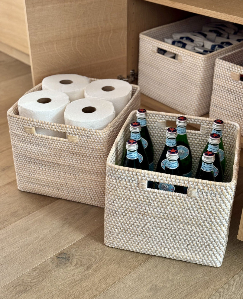 Loma Decorative Square Rattan Storage Basket With Handles, Honey-Brown, Latte