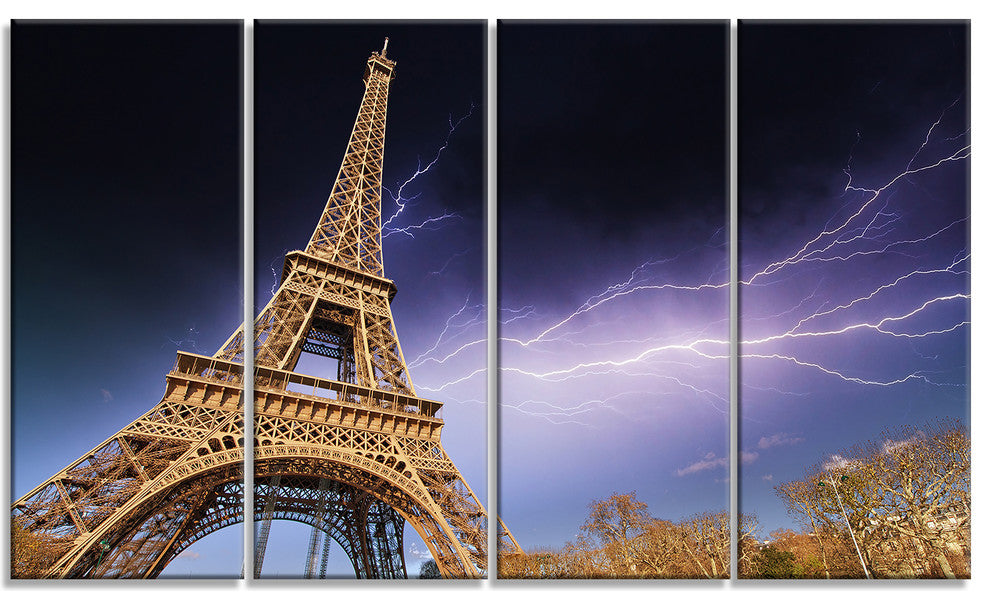 "Beautiful View Paris Eiffel Tower Under Purple Sky" Wall Art, 48"x28", 4-Panels