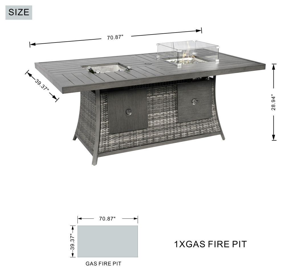 7-Piece Patio Sofa Set with Firepit and Ice Container Dining Table, Grey