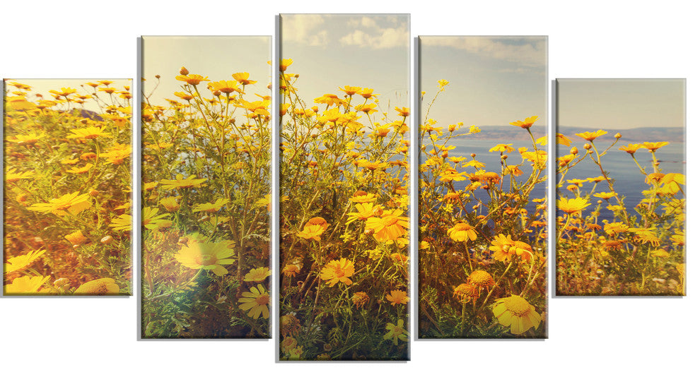Wild Yellow Flowers Meadow, Floral Canvas Art Print, 60"x32", 5 Panels