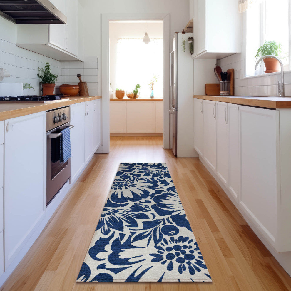 Premium Machine Washable Mayfield AMF551 Navy 2'3" x 7'6" Runner Rug