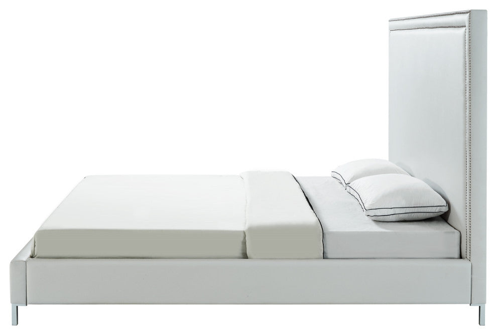 Giovanna Nailhead Trim Platform Bed, White Leather Pu, Queen