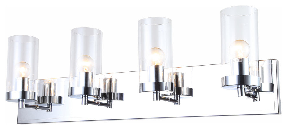 4-Light Chrome Frame Wall Sconce With Clear Glass Cylinder Shades