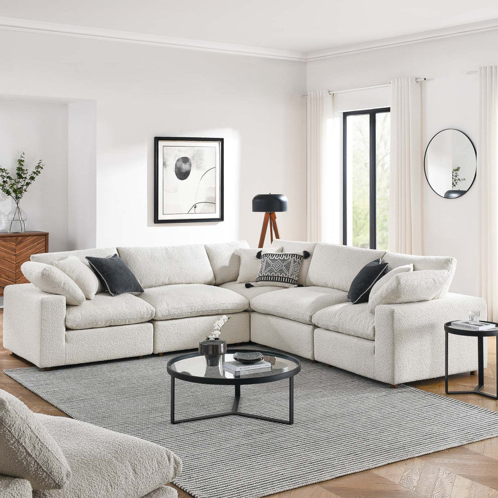 Commix Down Filled Overstuffed Boucle 5-Piece Sectional Sofa, Ivory