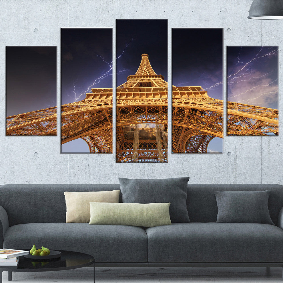 "Storm Above Paris Eiffel Tower in Paris" Cityscape Wall Art, 60"x32", 5-Panels