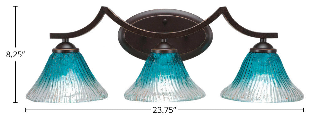 Zilo 3-Light Bath Bar, Dark Granite Finish With 7" Teal Crystal Glass