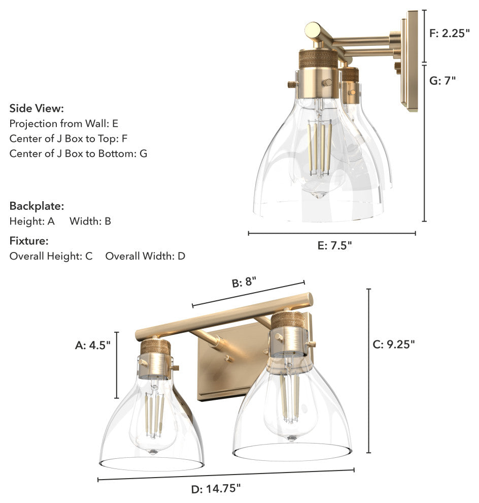 Van Nuys Alturas Gold With Clear Glass 2 Light Vanity Wall